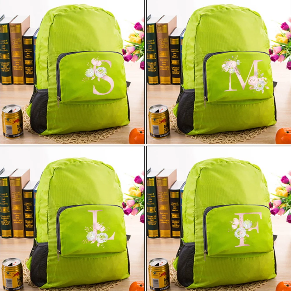 Outdoor Travel Apostle Foldable Backpack Mountaineering Light Sports Hiking Gym Camping Pink Flower Letter Print Green Backpack