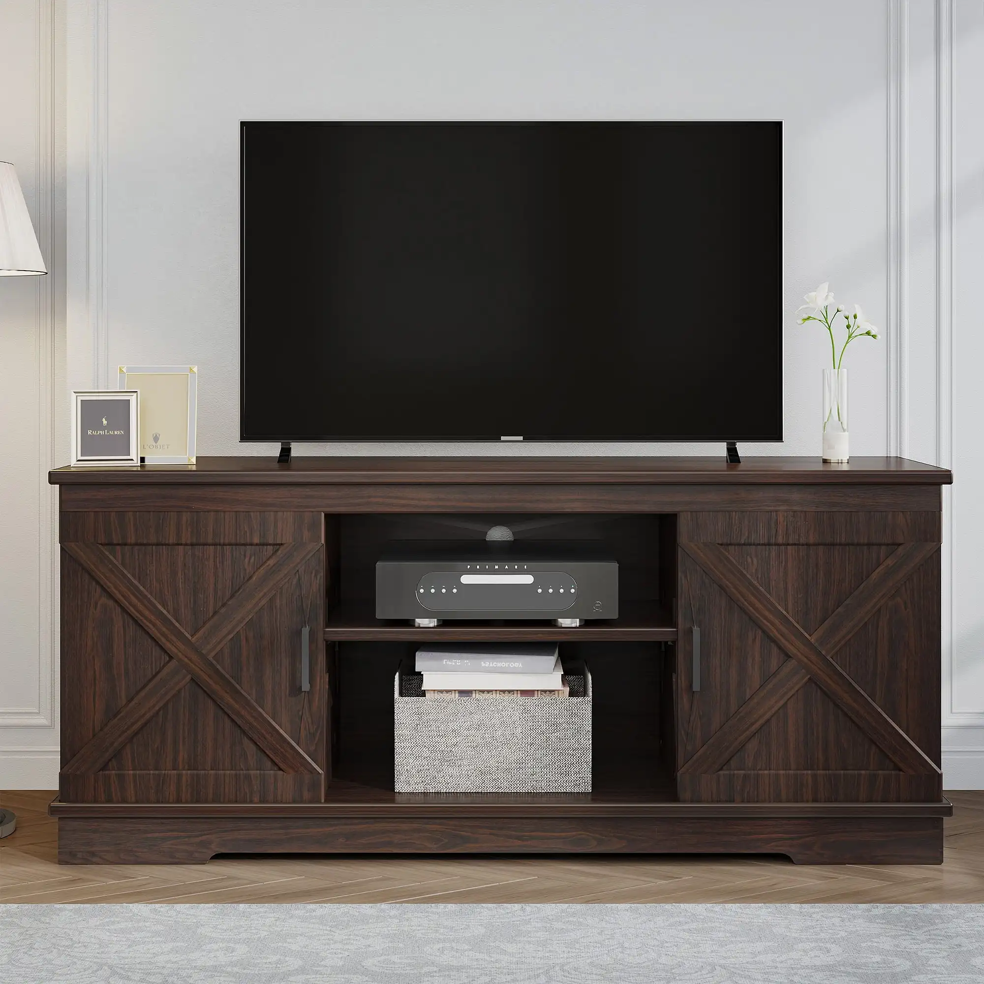 Farmhouse TV Stand for 65 inch TV, Entertainment Center for Living Room, TV Media Console Cabinet, Brown