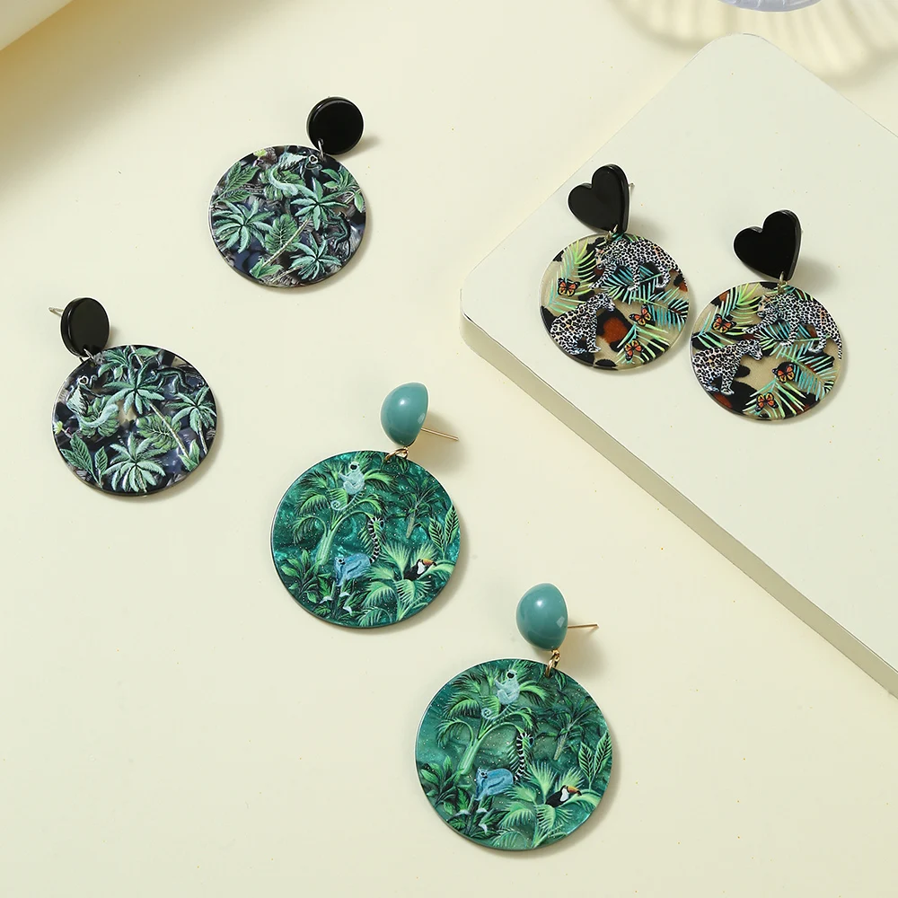 2024 New 3D Printing Plant Animal Acrylic Earrings for Women Geometric Round Heart Leopard Butterfly Drop Earrings Forest Gifts