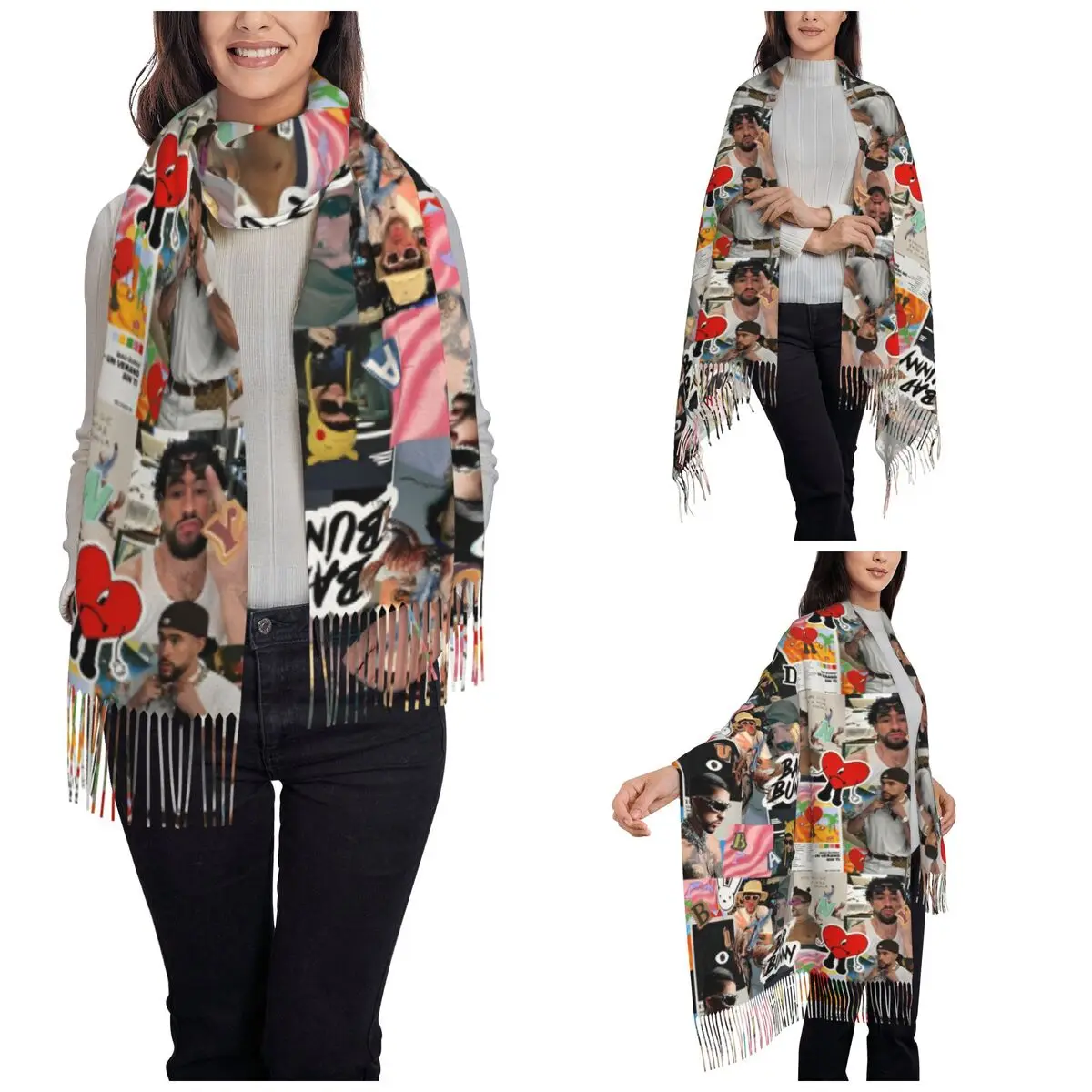 Bad Bunny Music Shawl Wraps for Womens Winter Warm Large Long Scarf Hip Hop Rapper Pashminas Tassel Scarves
