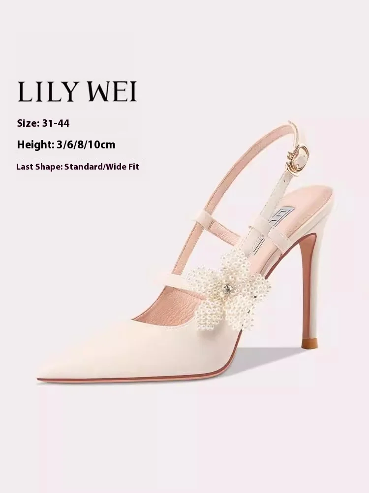 

Spring and summer new pointed cloth pearl flower widened sandals thin high-heeled banquet large size small size women's shoes