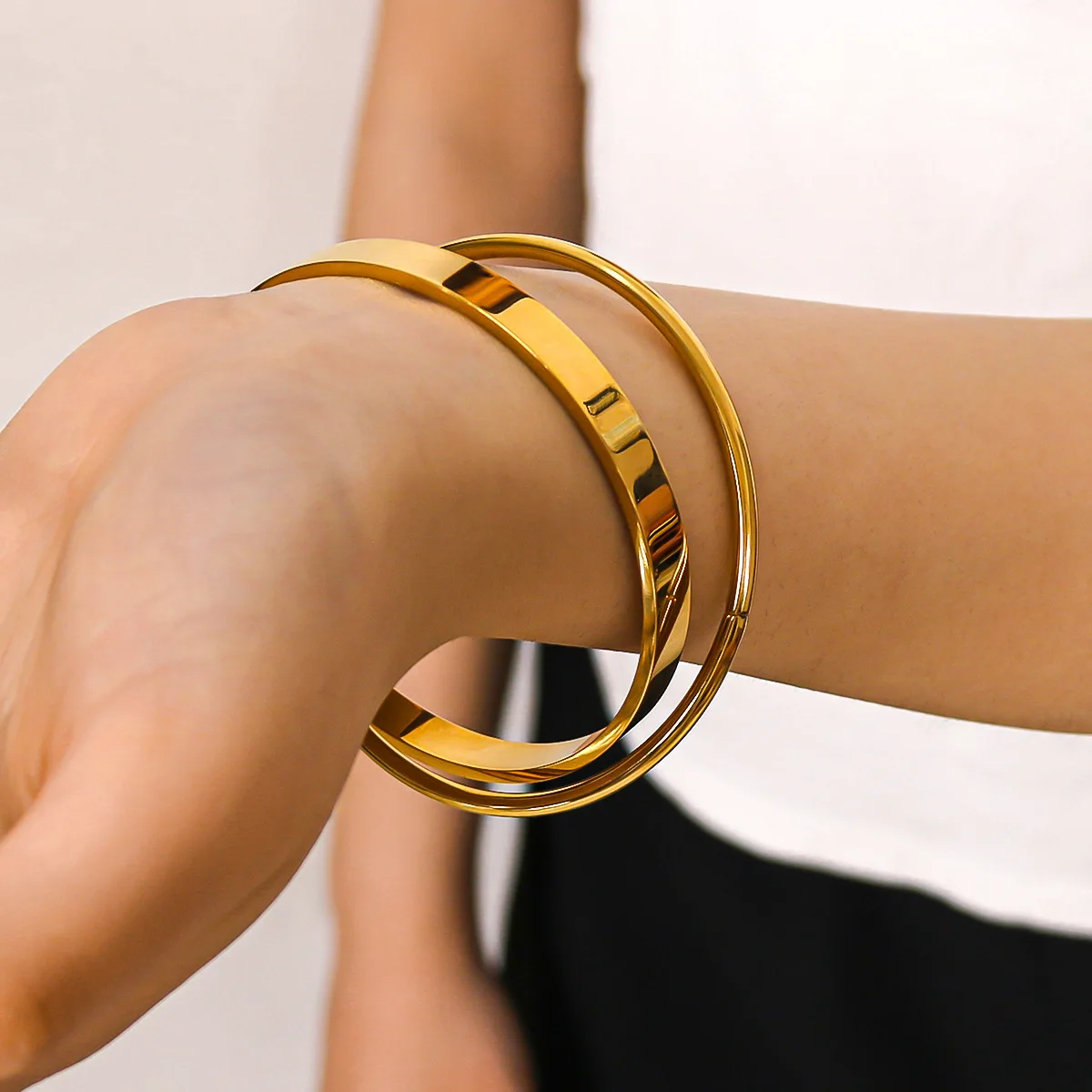 Yupsk Glossy Gold Color Stainless Steel Cuff Bangle for Women Smooth Thin Cylinder Bracelet Exquisite Waterproof Jewelry Gift image 6