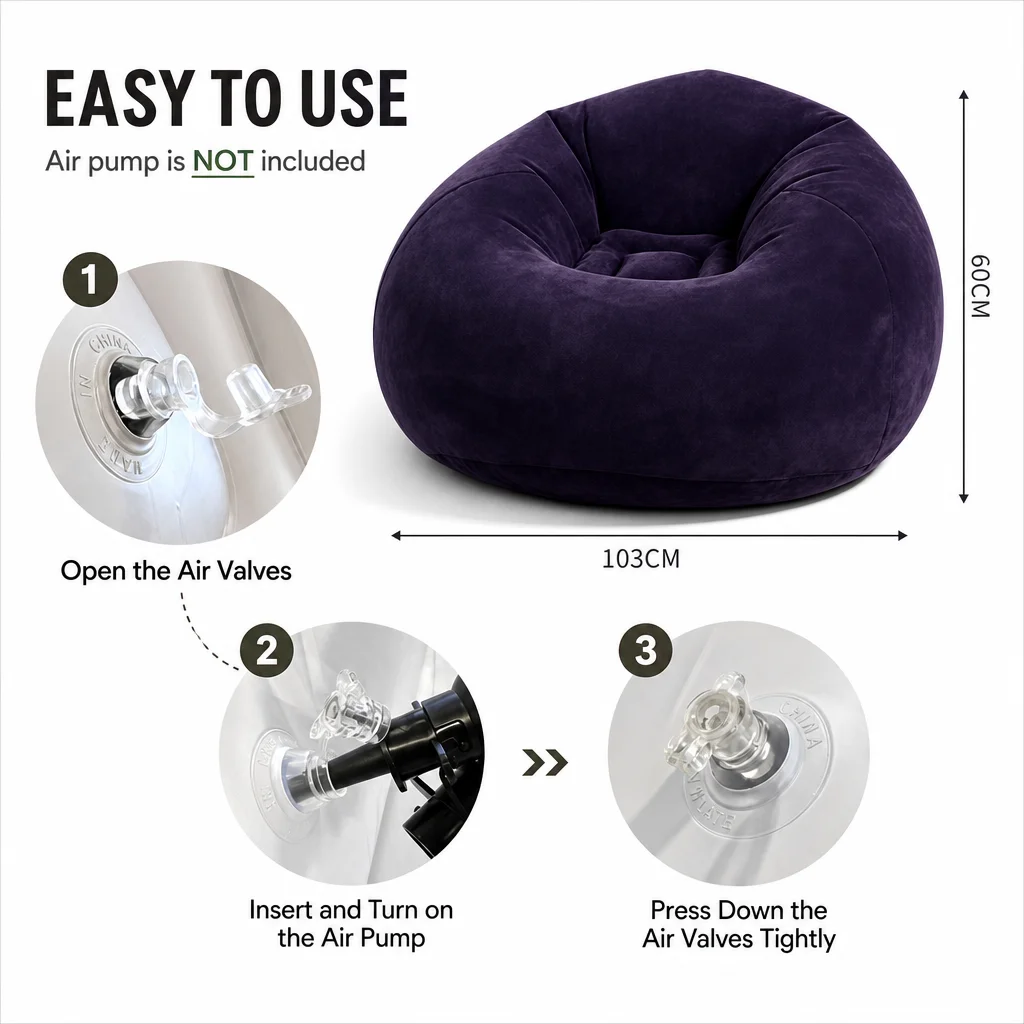 Inflatable Flocked Bean Bag Chair, Portable Air Sofa Lounge Seat for Bedroom Living Room Dorm Reading Gaming Relaxation - view 6