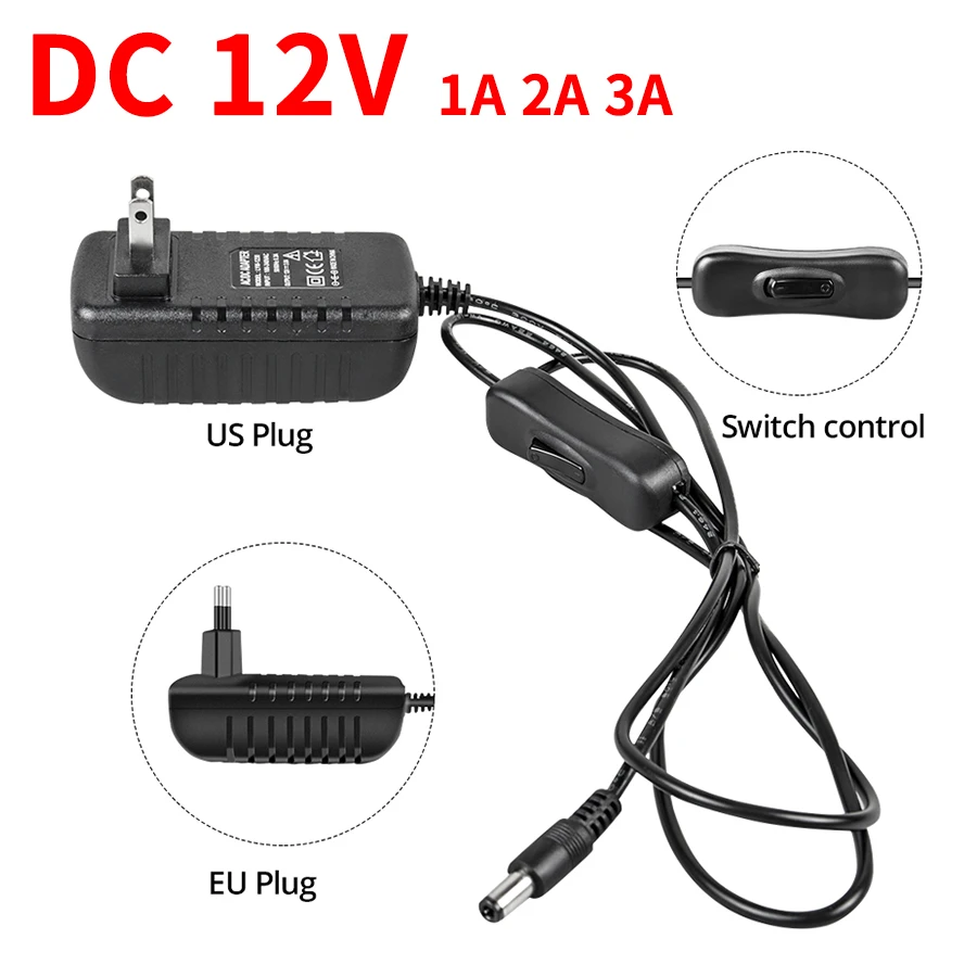 Zasilacz 12V 1A 2A 3A z włącznikiem ue/US ładowarka AC100-240V do sterownik transformatora taśma oświetleniowa LED DC12V