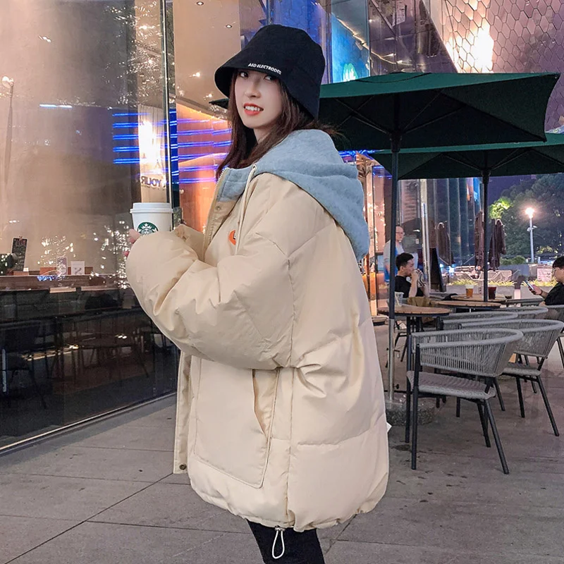 Women Thick Bread Jacket Short Down Cotton Parkas Overcoat Korean Style Loose Winter 2024 New Fake Two-piece Hooded Tops Coats