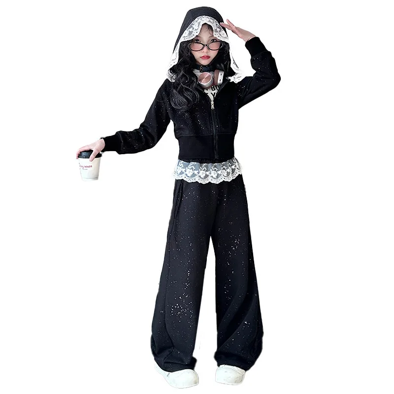 2026 Autumn Girls Clothes Children Suit Teenager Lace Zipped Jacket Narrow Hooded Crop Top + Wide Leg Pants 4 5 8 10 11 12 Year