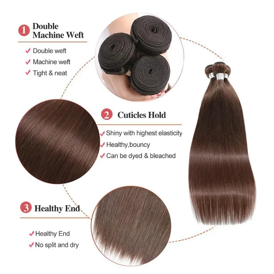 Color #4 Bundles Dark Brown Straight Human Hair Bundles Chocolate Brown Bundles Straight Remy Human Hair Double Weft 3 4 Bundles 15A Straight Human Hair Bundles Deal Human Hair Weaving Wefts Remy Human Hair Extensions for Women 100 G/Pcs