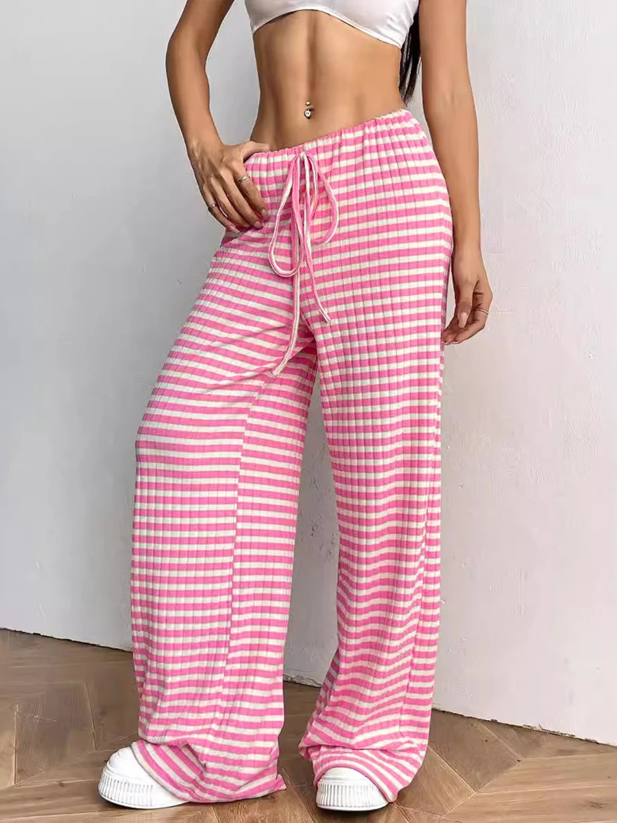 

Onecozyday Women's Contrast Color Striped Wide Leg Pants Ribbed Knit Drawstring Elastic Waist Casual Loungewear Trousers
