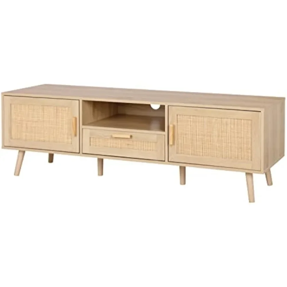 59 Inch TV Stand for Up to 65 Inch Televition, TV Console With 2 Rattan Decor Doors, Living Room TV Table With Storage, Natural