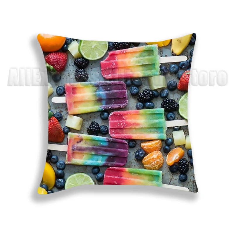 Funda de almohada de palomitas de maíz y Pizza, funda decorativa para cojín de sofá, funda de almohada para cama con piruleta de Kiwi, decoración