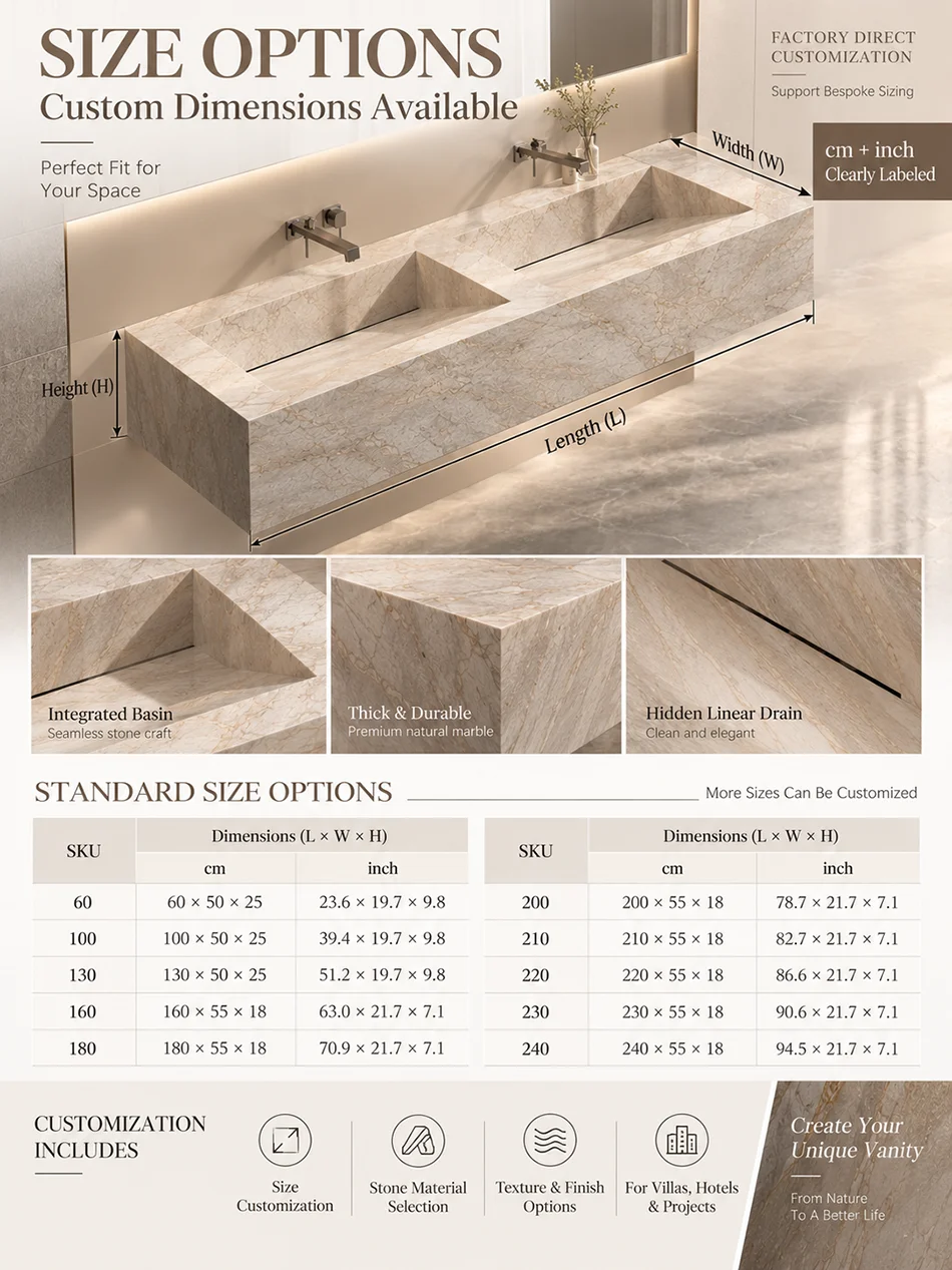 Any Size Custom Luxury Natural Stone Bathroom Vanity Set Integrated Sink Single Double Sink Stain Resistant Waterproof Durable H