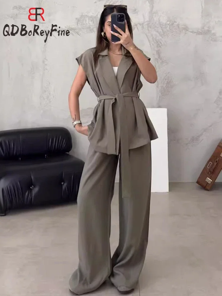 Summer Women Fashion Pant Suit Solid Sleeveless Oversized Blazer Vest Top with Belt Wide Leg Trousers Office Lady Two Piece Sets