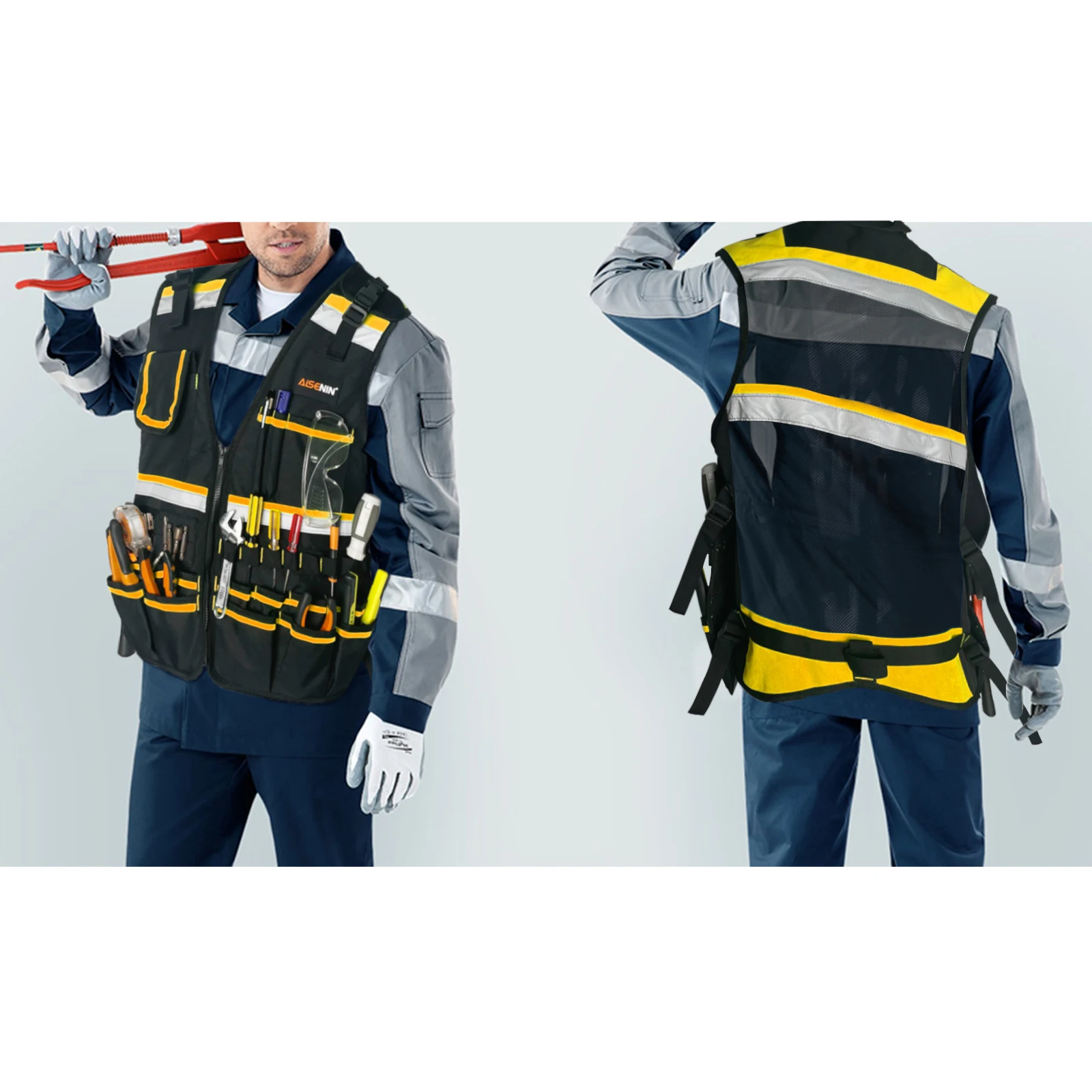 Tool Vest with Adjustable Straps, Tool Pockets, Belt Loops and Reflective Stripes, Heavy Duty Work Vest for Carpenter Constructi