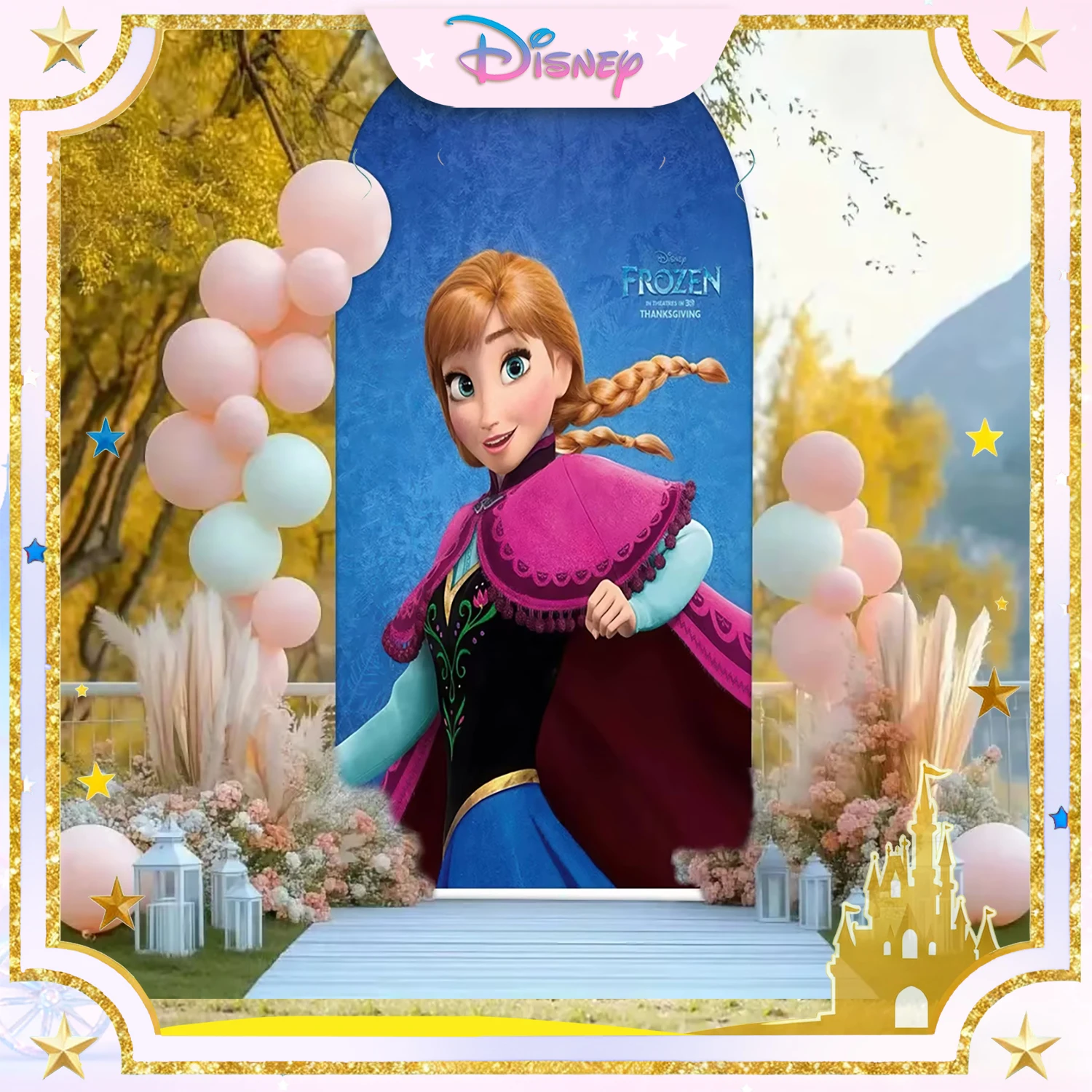

Disney Frozen-themed backdrop wall with blue and silver snowflake balloon arch, Anna and Olaf children's birthday party backdrop