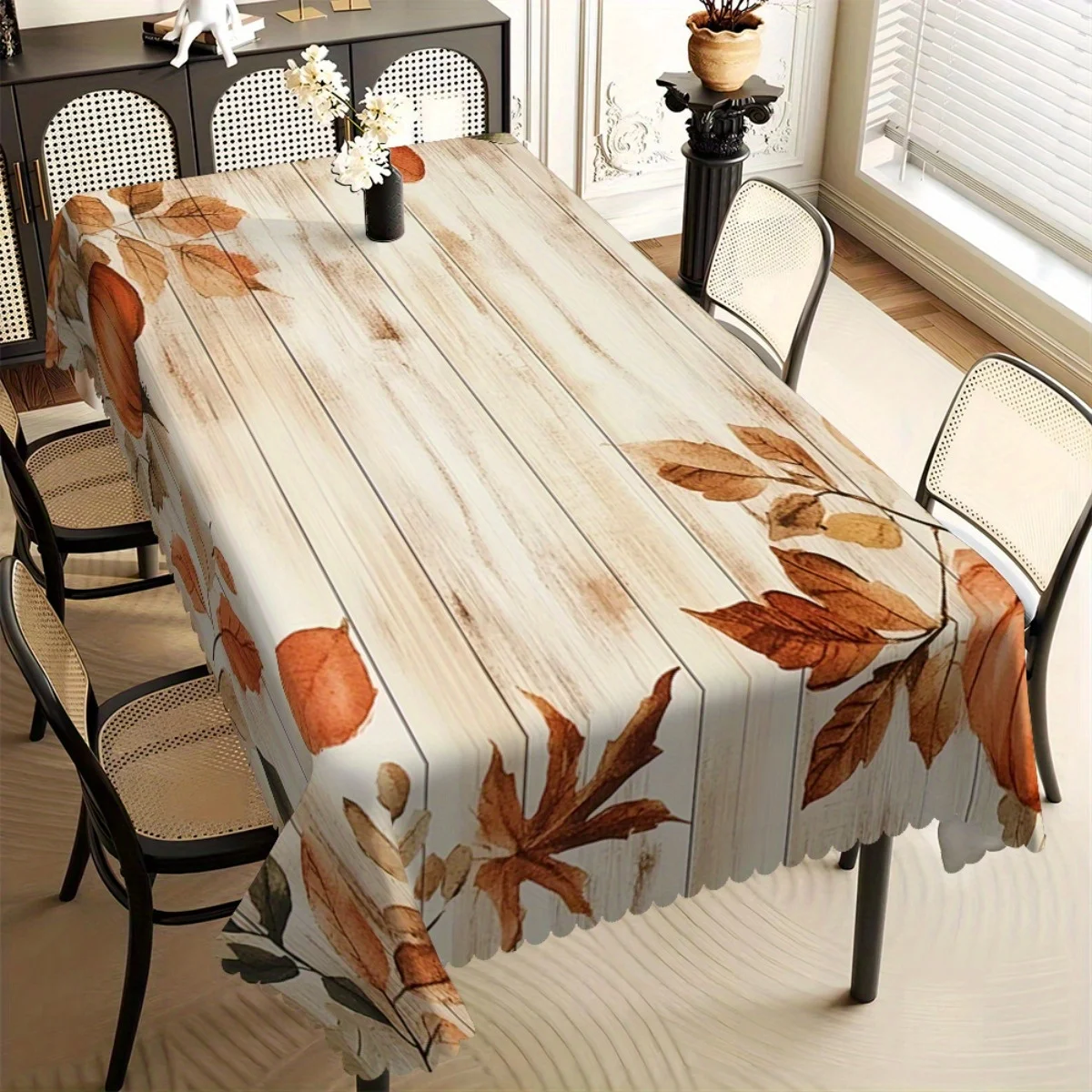 

Autumn Leaves Print Tablecloth, Watercolor Fall Leaf Design on Light Wood Background with Scalloped Edge, for Dining Room Decor