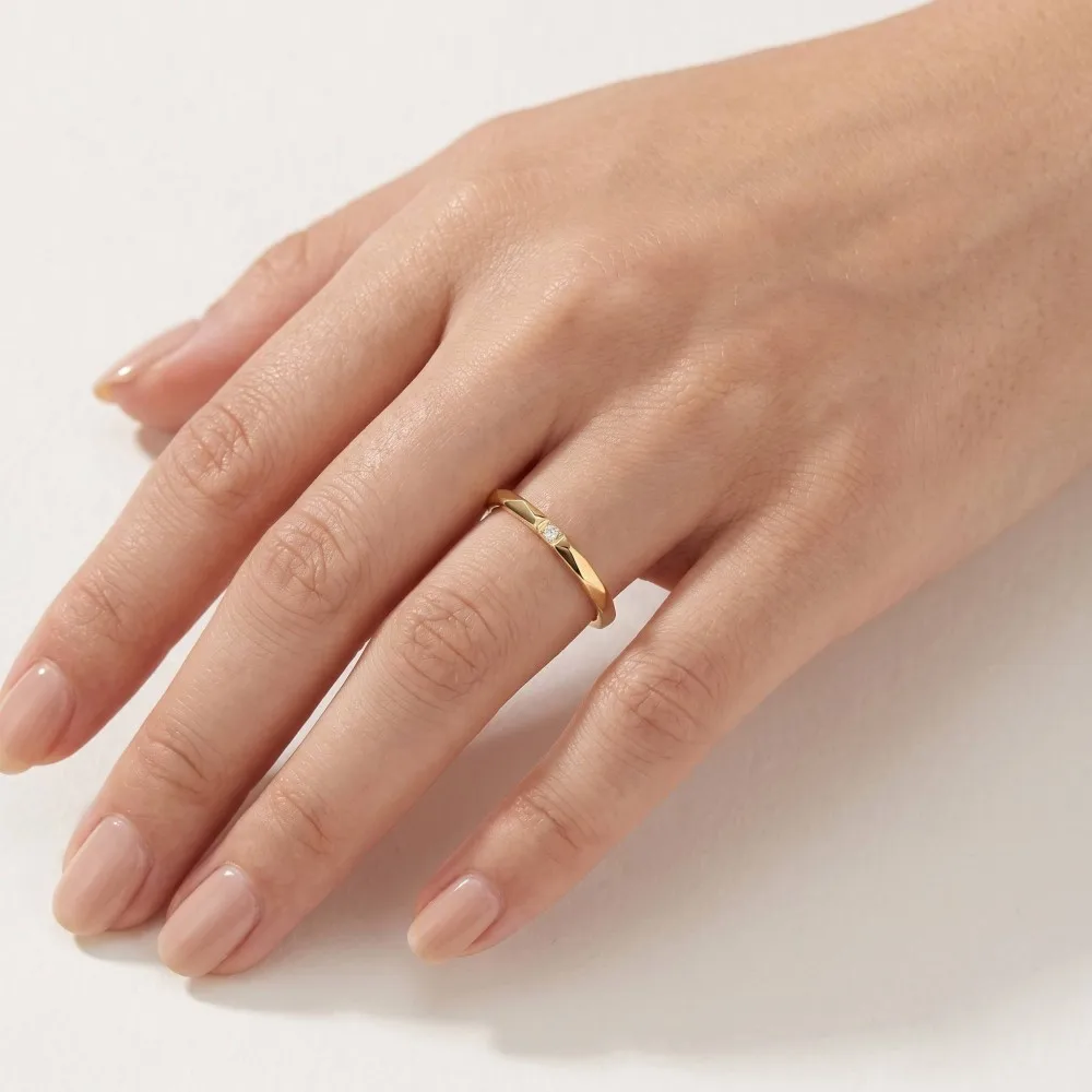 New 18k Gold Plated Faceted Ring for Women Elegant Geometric Stainless Steel Rings Single Zircon Engagement Wedding Jewelry Gift