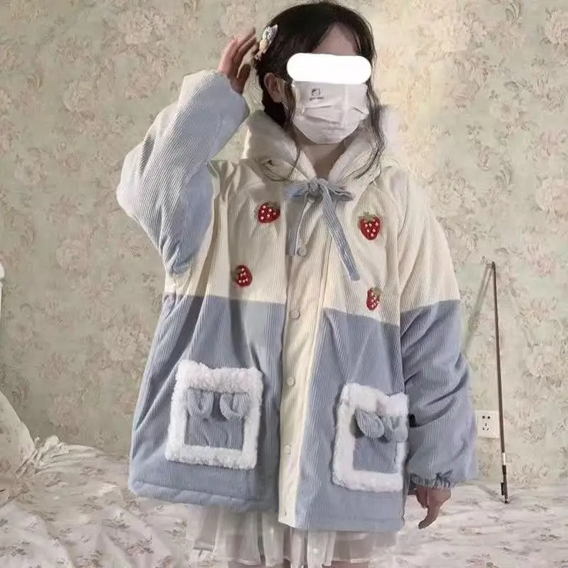 Corduroys Coat Female 2024 Winter New Fashion Plus Velvet Cotton-padded Coat Stitching Cute Soft Sister Loose Cotton-padded Coat