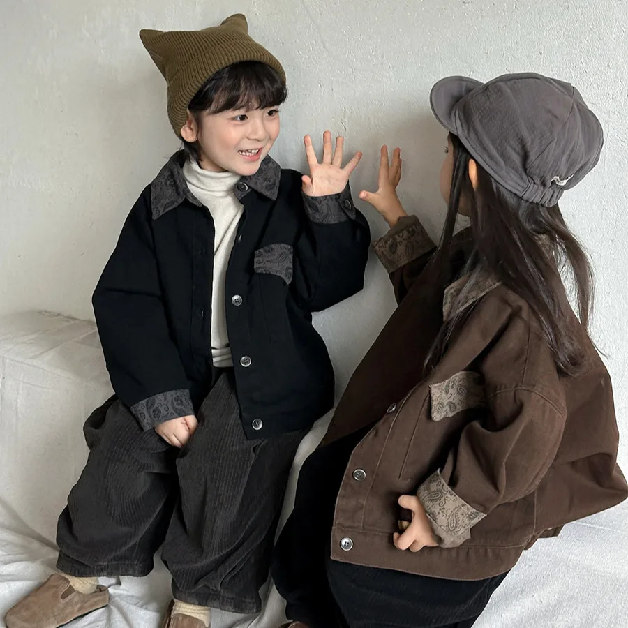 

‌ Новинка осени 2023 года, детская куртка в винтажном стиле, пальто унисекс для мальчиков и девочек 1-8 лет, верхняя одежда, повседневная детская куртка