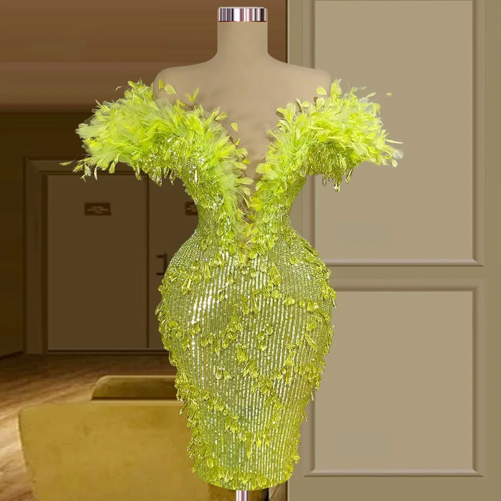 Lime Green Cocktail Dresses Sheath Off The Shoulder Short Mini Sequins Feather Party Homecoming Dresses Black Girl Customized