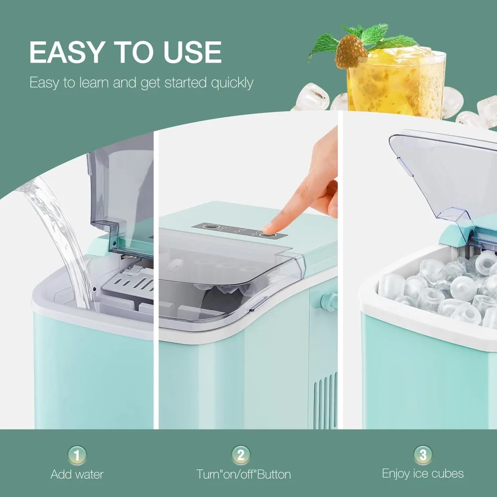 Countertop Ice Maker, 9 Cubes in 6 Mins, 26lbs in 24Hrs, Auto-Cleaning, with Handle, Basket and Scoop for Home (Green)