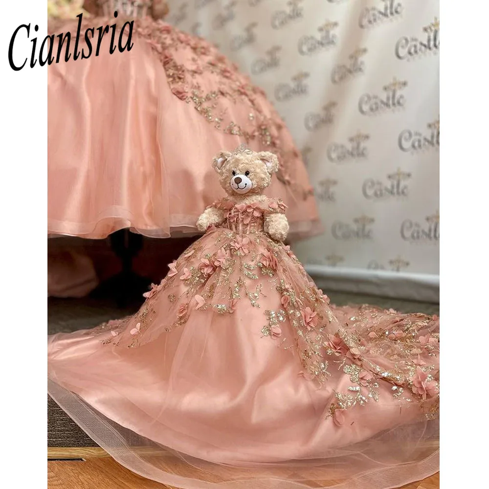 Sparkly Off The Shoulder Corset Quinceanera Vestidos de Baile 3D Flores Lace Sweet 15 Vestidos De XV Años