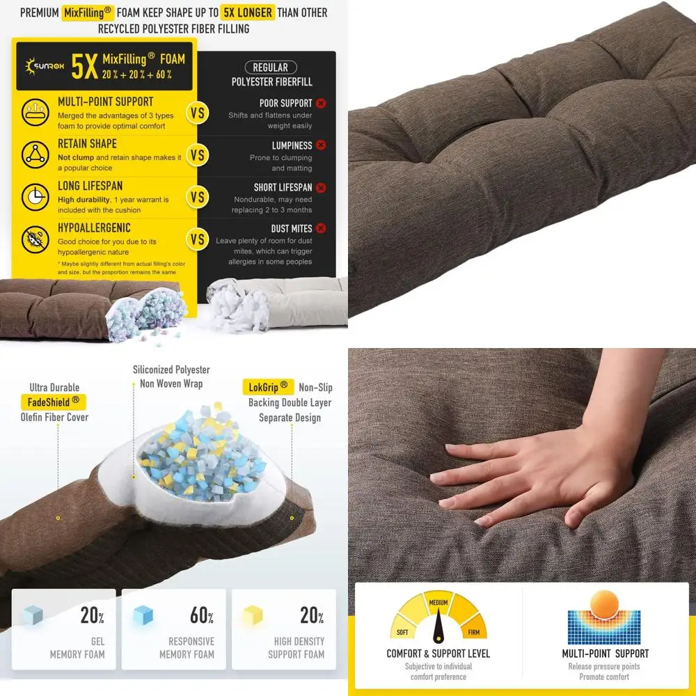 

Memory Foam Bench Cushion, Non-Slip Tufted, FadeShield, Water-Resistant, Durable, Outdoor/Indoor, 42x16x4 inches, Heather Chestn