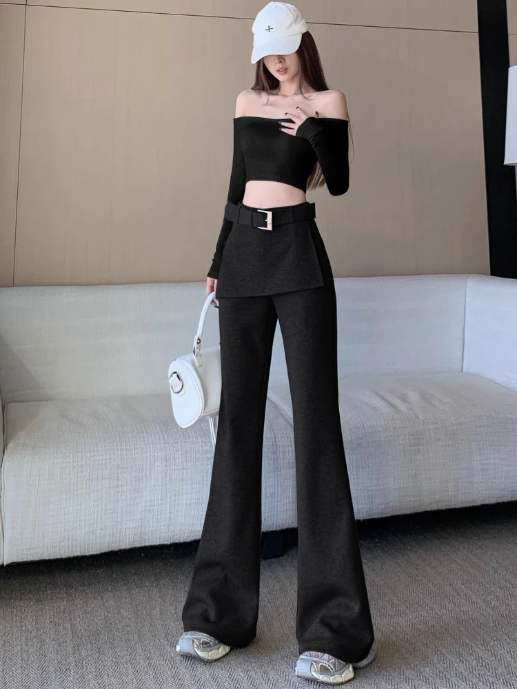 Szare mikro-spodnie damskie jesienno-zimowe, szyte, imitujące dwuczęściowy komplet, z wysokim stanem, typu culottes, dopasowane, modne, w stylu Y2k, codzienne spodnie.