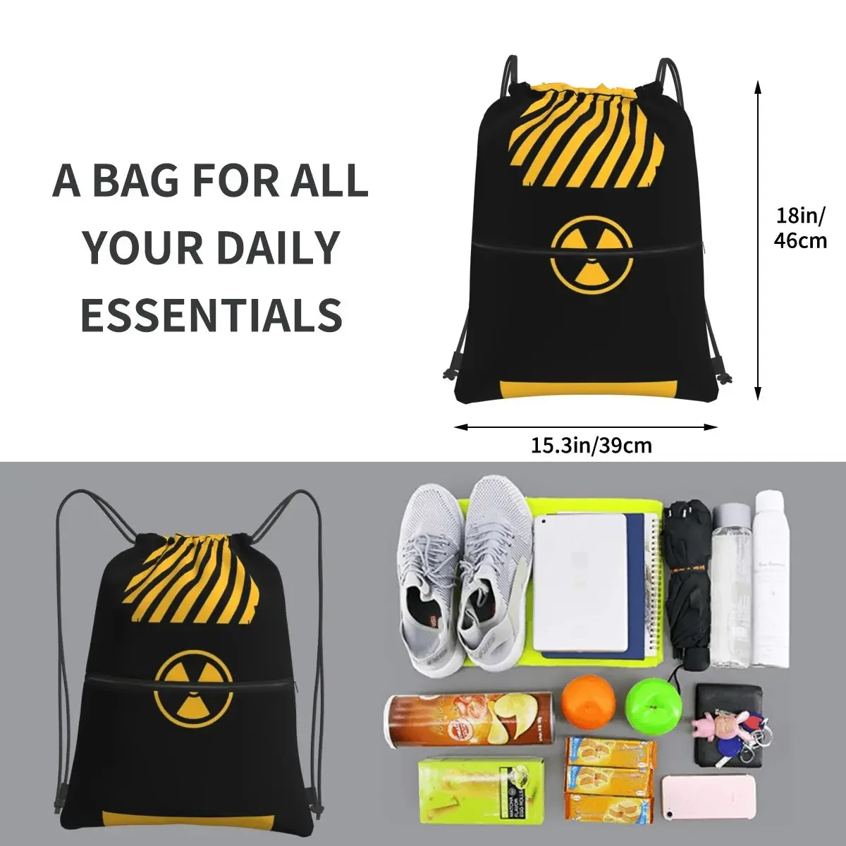 Yellow Radioactive Portable Backpacks Drawstring Bag Multi-function Drawstring Bundle Pocket Book Bags For School Students