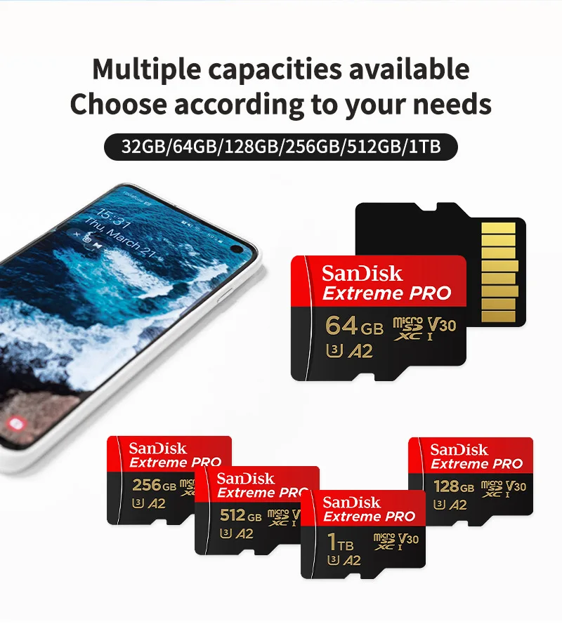 SanDisk Extreme PRO MicroSDXC-Karte 32GB 64GB 128GB 256GB 512GB 1T UHS-I U3 A2 V30 200MB/s Lesegeschwindigkeit mit SD-Adapter 4K-Video – Detail 5