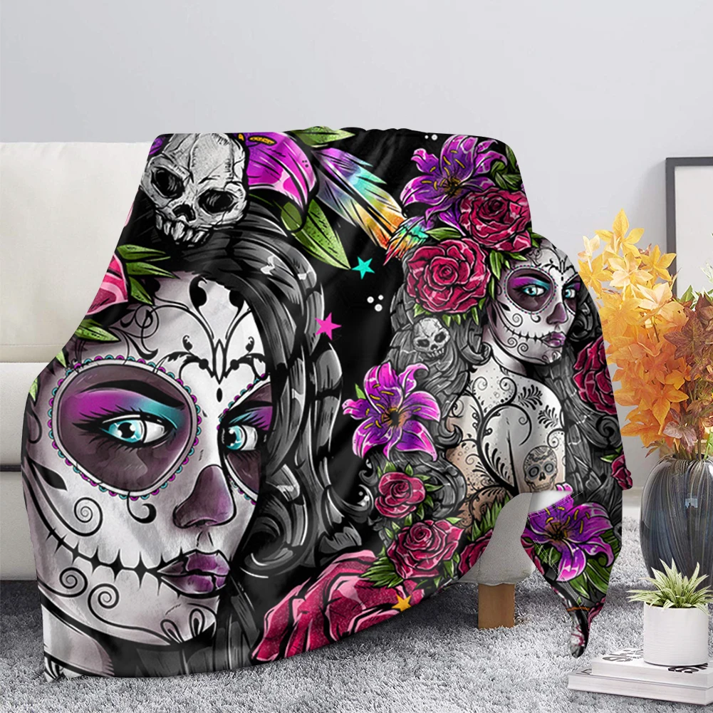 Skull Day of The Dead Purpe Gothic Style Girls Throw Blanket for Bedroom/Sofa Warm Flannel Blanket for Adult Women Birthday Gift