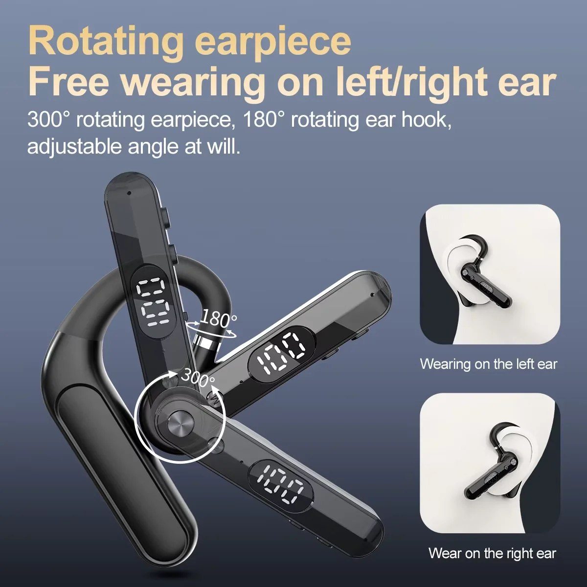 

Business Single Ear Earphone Bluetooth 6.0 With Mic Battery Level Display Noise Reduction Rotatable Ear Hook Headset For Driving