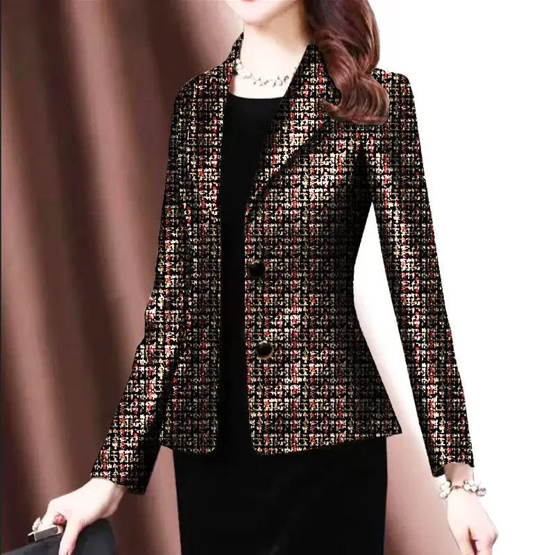 

Casual Comfortable Fit Versatile Coat 2023 Autumn Women's Elegant Korean Edition Slim Plaid Printed Suit Collar Short Suit