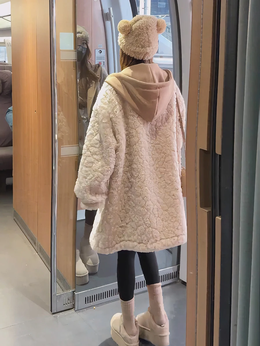 Jaet intercé en fourrure d'agneau faux deux pièces vêtements d'extérieur Thi chaud manteau mi-long printemps nouveau Sle trajet Sle coupe ample longue...