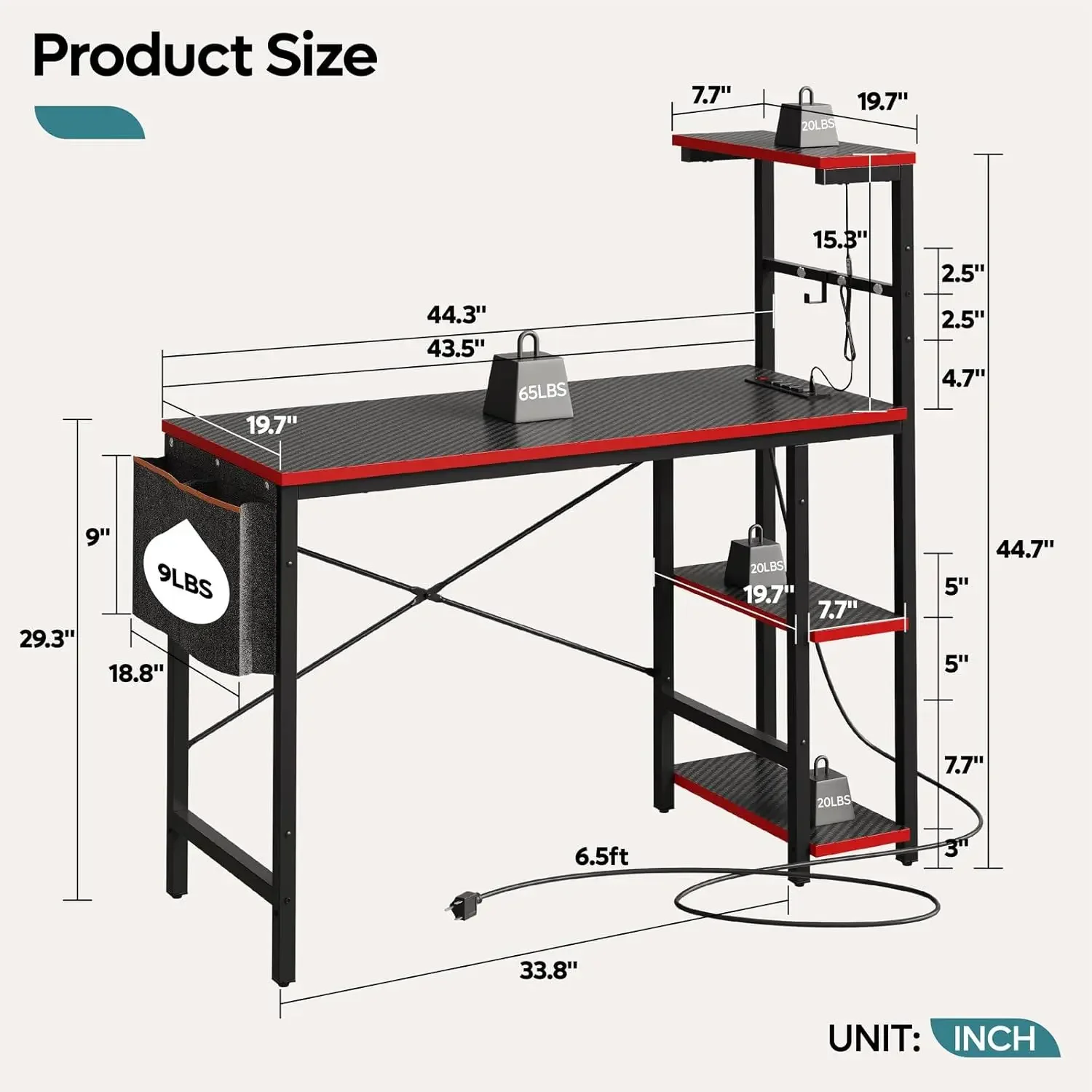 Gaming Desk with Power Outlets, 44 Inch Led Gamer Desk with 4 Tiers Reversible Shelves, PC Gaming Table with Headset