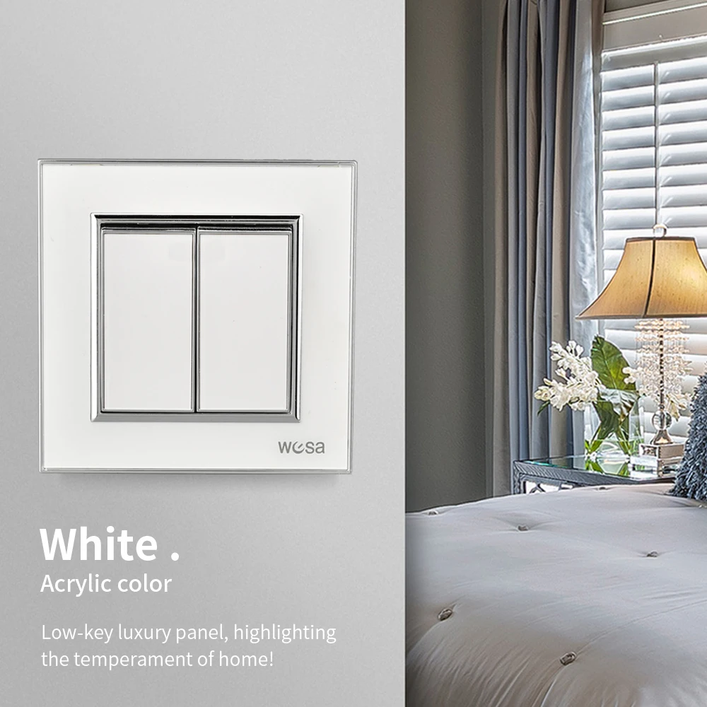 WESA White Mirror Acrylic Wall Switch Flame Retardant Panel 2 Gang 1 Way Wall Rocker Switch On / Off 16A AC 250V 86mm*86mm News