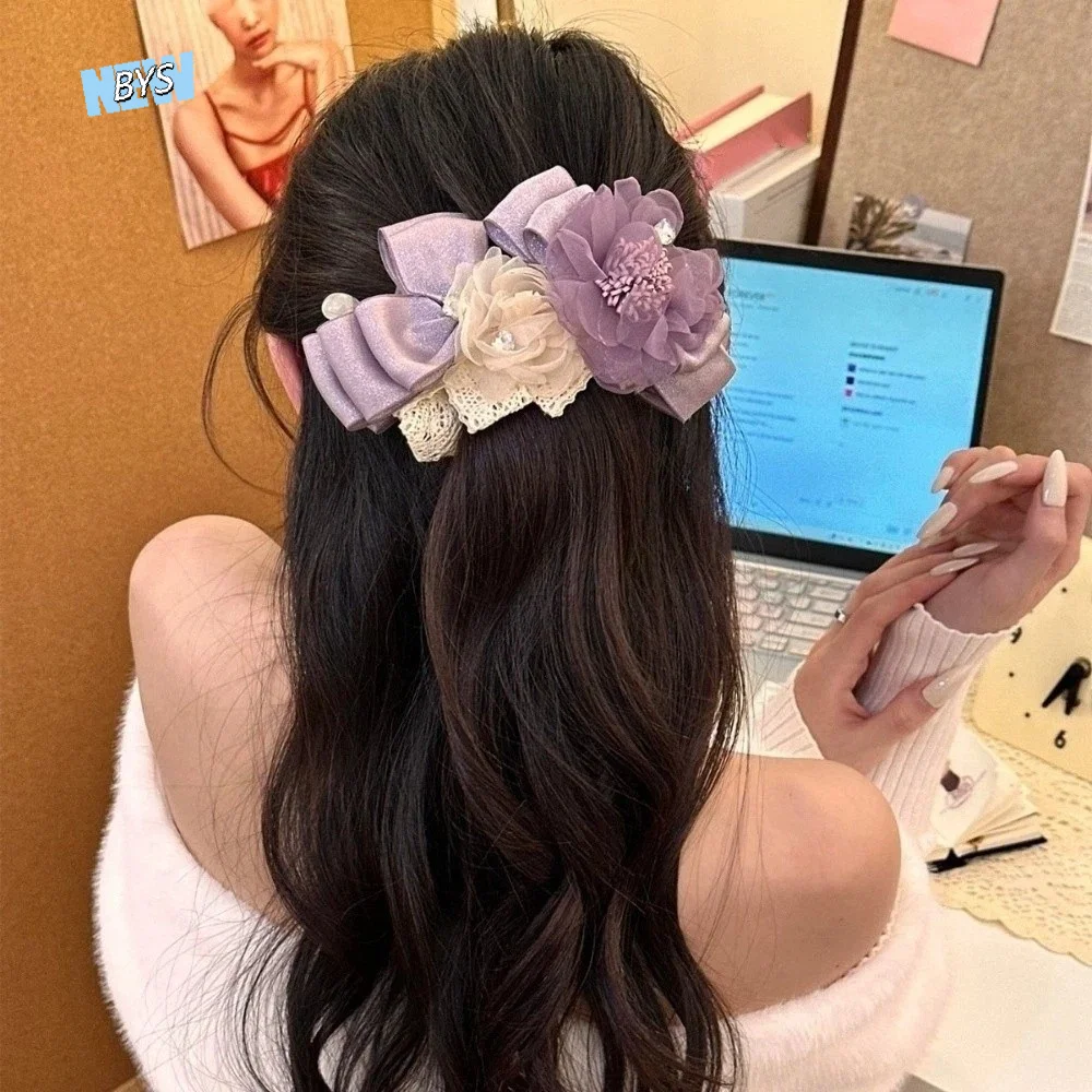 

Elegant Flower Banana Clip Resin Bow Purple Mesh Vertical Clip Polyester Hairpins Women Ponytail Holder for Gifts