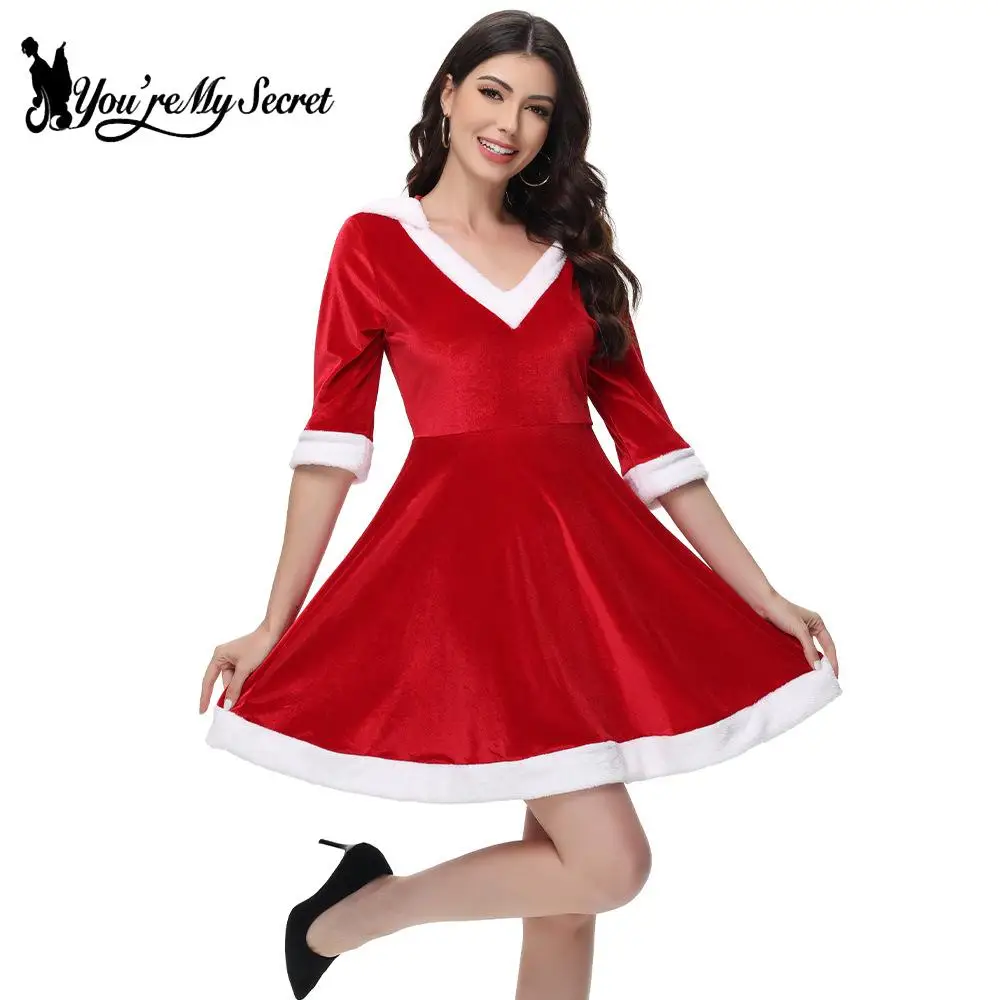 [You're My Secret] Merry Christmas Dress Mrs Santa Claus Dress V-neck Princess Girls Red Dresses Velvet Hooded mini dress Outfit