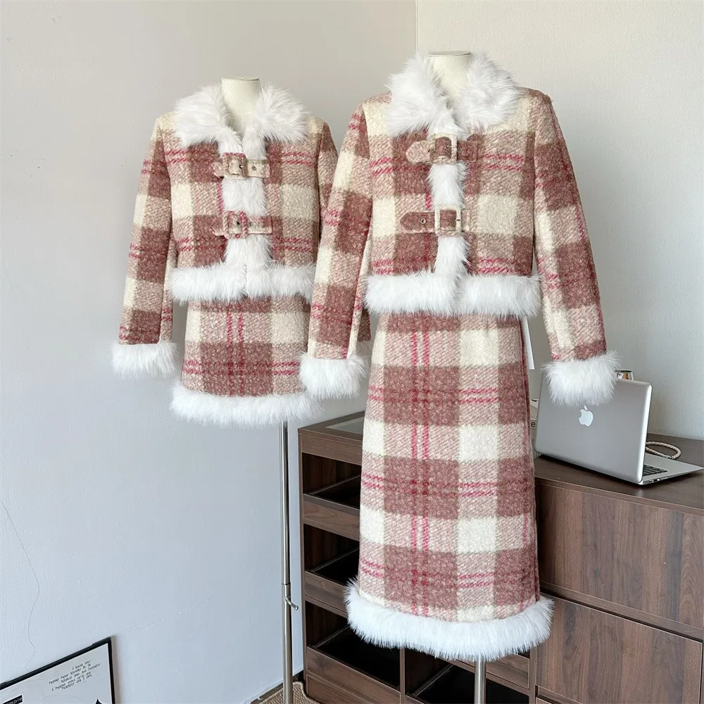 Women's Autumn Winter Fuzzy Cotton Padded Thick Plaid Two Pieces Skirt Suit Lady Sweet Faux Fur Collar Jacket + Fuzzy Skirt