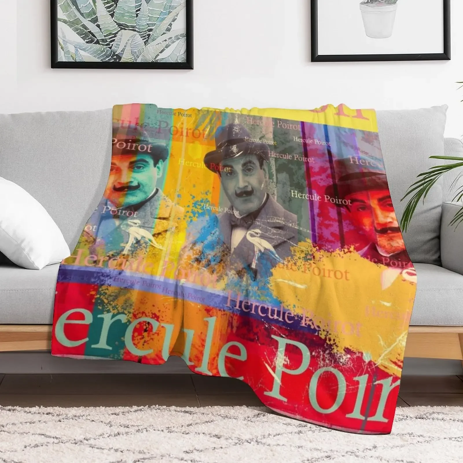 Hercule Poirot portrait, aesthetic collage with well-known Belgian detective for series lovers Throw Blanket