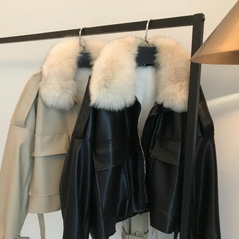 Chic Autumn Winter Detachable Faux Mink Fur Collar PU Bomber Jacket Plus Velvet Thick Trench Coat Faux Leather Zipper Cardigan