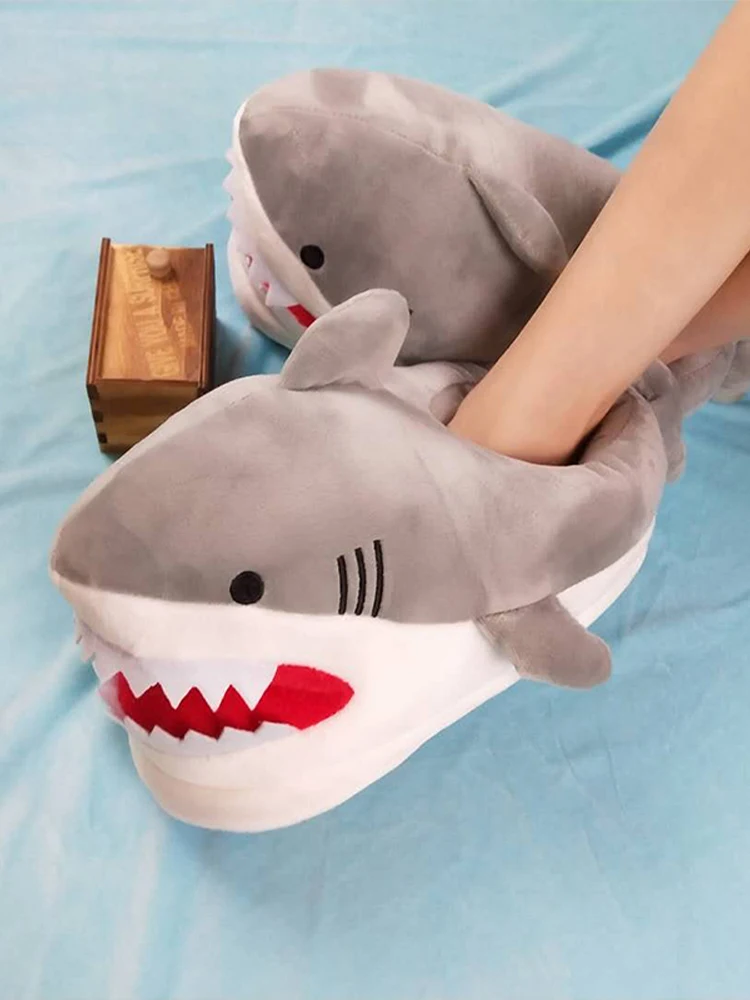 Slip-on Shark kapcie kryty futrzane slajdy kobieta dziewczęta szare puszyste buty kapcie damskie domowe rekiny pantofel kobiece klapki — zdjęcie 2