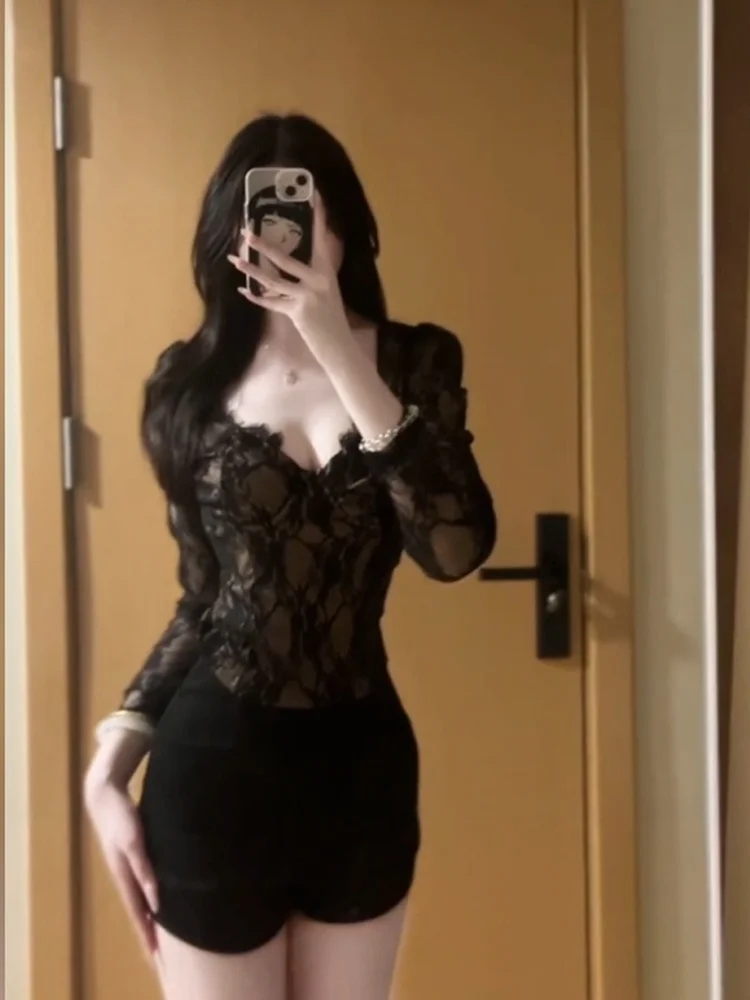 

Комплект XZY: Сексуальный кружевной топ и брюки для женщин, большие размеры, чистая элегантность, осенний стиль, высокая талия, корейская версия, повседневная одежда