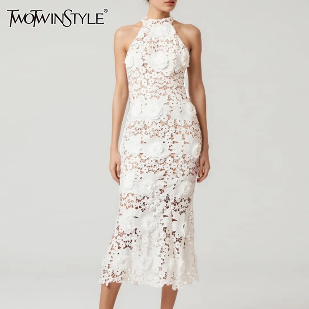 

TWOTWINSTYLE Solid Slimming Hollow Out Dresses for Women Halter Neck Sleeveless Patchwork Appliques Elegant Dress Female Fashion