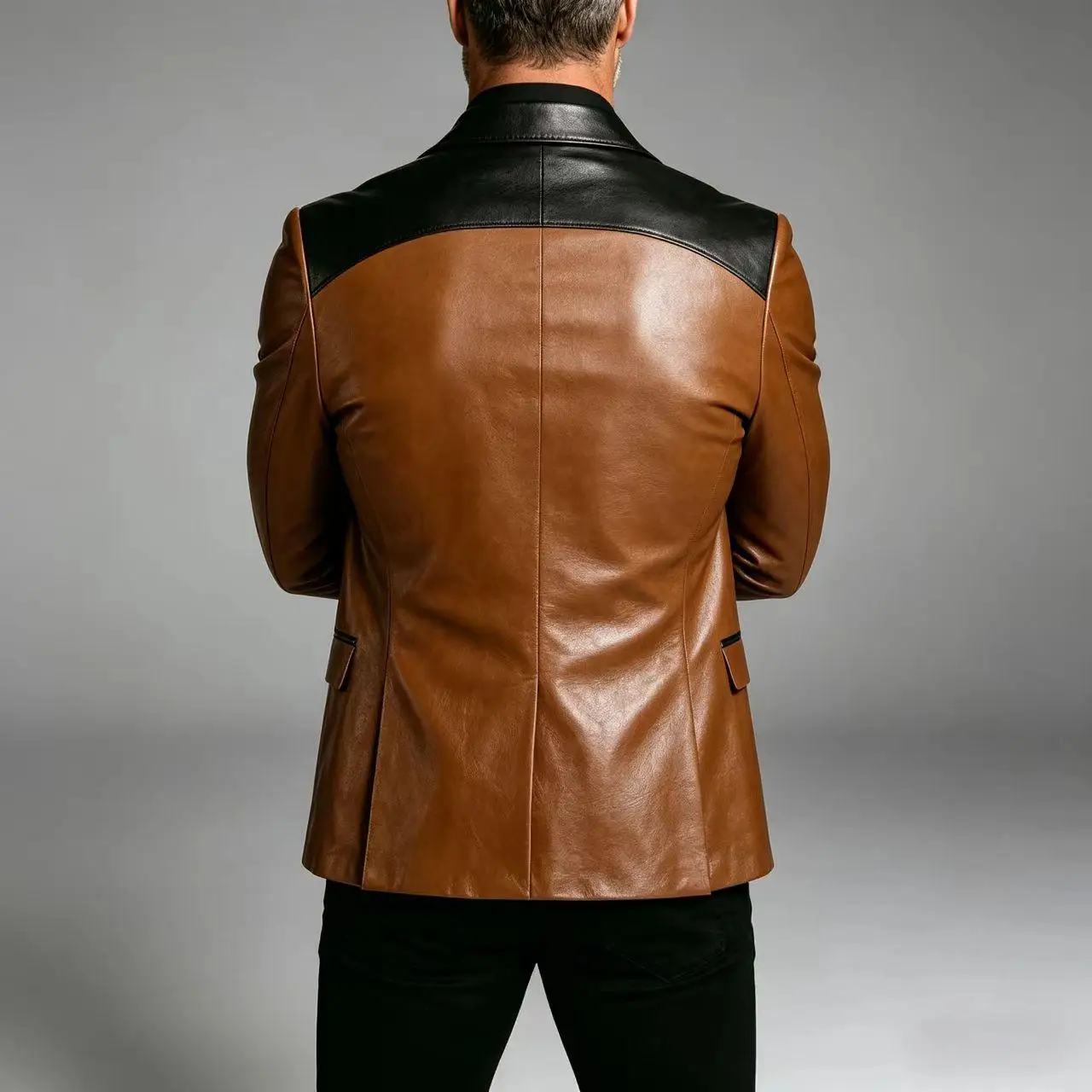 Men's PU Leather Blazer Patchwork Double Breasted Flap Pockets Notched Lapel Slim Fit Business Casual Suit Jacket Male Outerwear