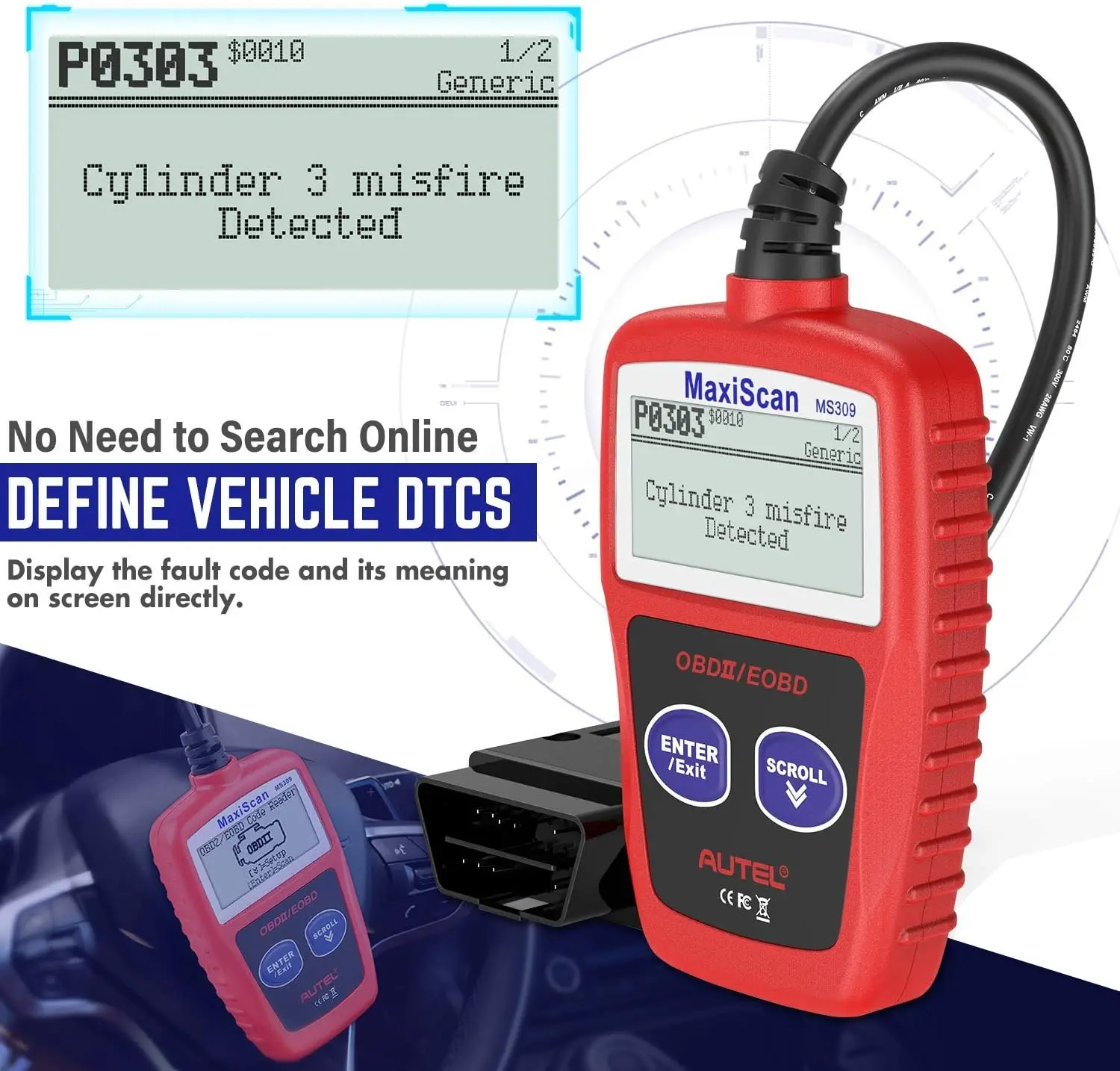 OBD2 Scanner MS309 Universal Car Fault Code Reader, Check Engine Light & Emission Monitor Tool