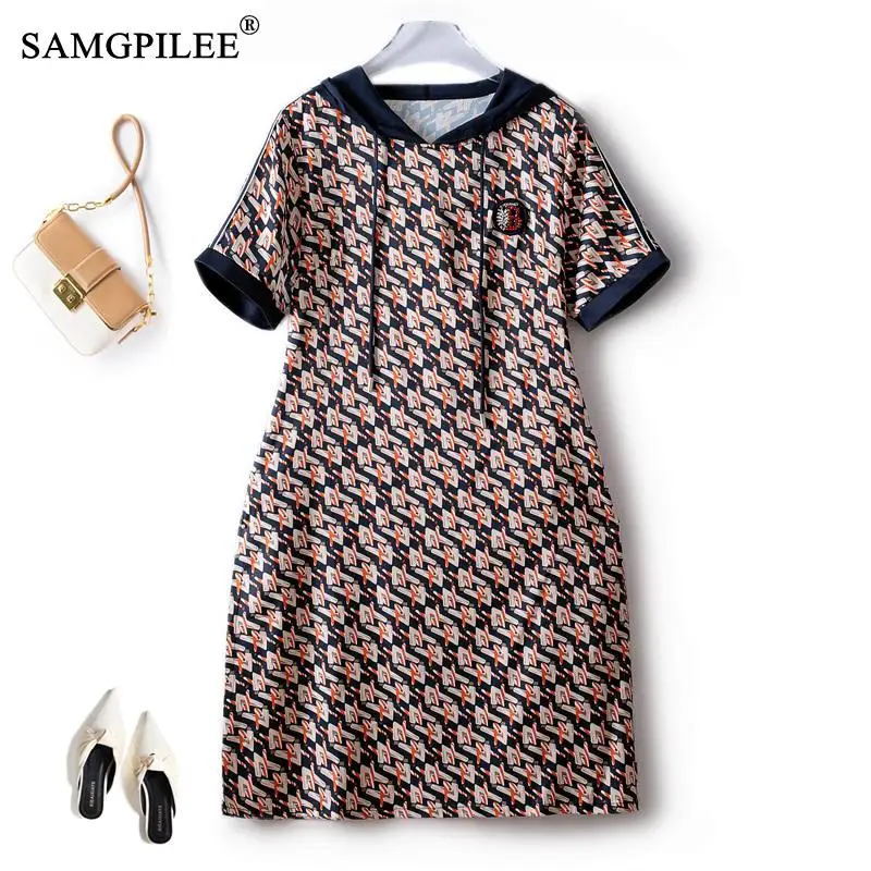

Summer Dresses For Women 2023 New Hooded Chiffon Satin Short Sleeve Fashion Elegant Mid Length Casual Female Dress 4XL