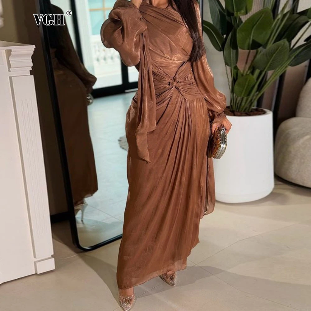 

VGH See Through Shiny Folds Evening Dress for Women O Neck Lantern Sleeve High Waist Spliced Lace Up Bodycon Long Dresses Female