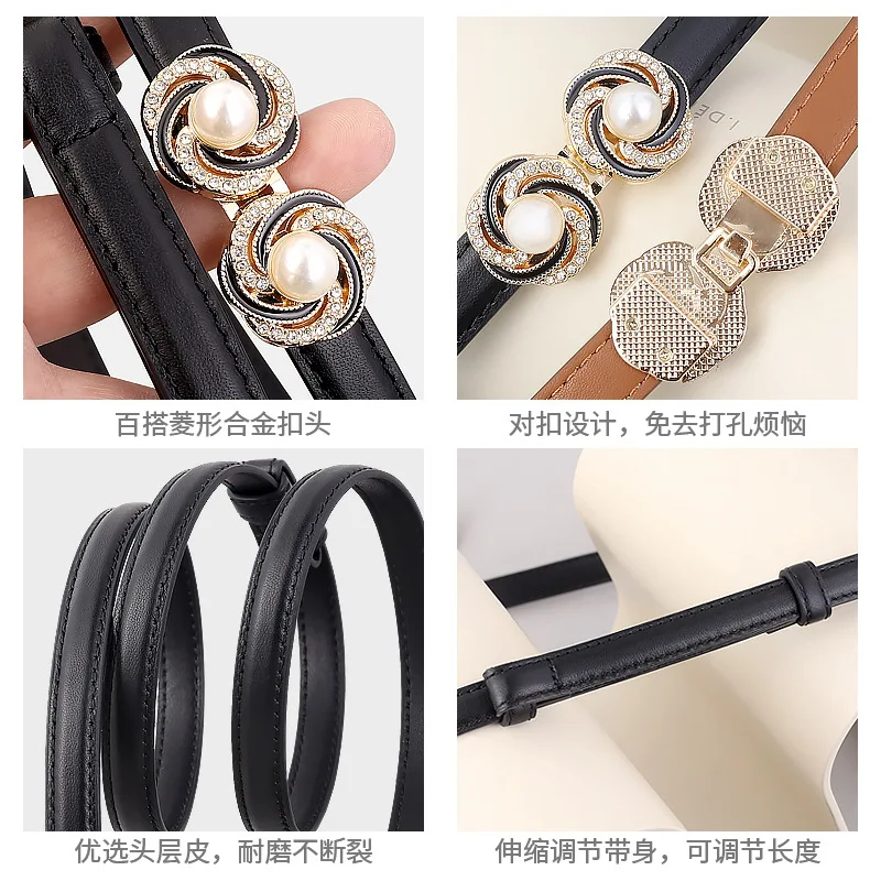 New Pearl Ladies Fine Leather Belt Fashion Versatile Decoration with Dress Coat Waist Belt