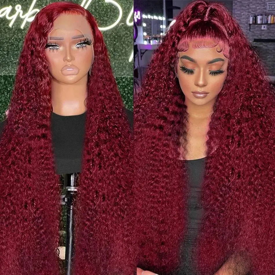 13x4 HD Transparent Deep Wave Lace Frontal Wig Colored Burgundy Front Wig Brazilian Red 99J Curly Lace Front Human Hair Wigs