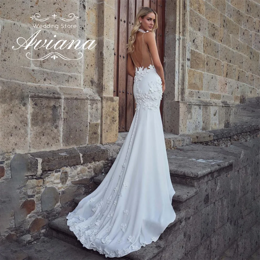 Aviana Suknia Ślubna Syrena z Dekoltem w Serek, Aplikacjami, Haftem, Bez Pleców, Bez Rękawów, na Cienkich Ramiączkach, Nowoczesna
